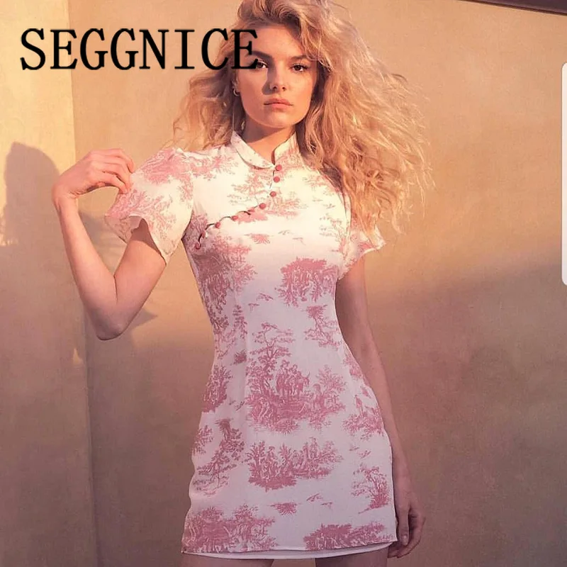 SEGGNICE женское шифоновое платье вечерние платья с коротким рукавом и воротником Чонсам с принтом в китайском стиле сексуальное платье новинка
