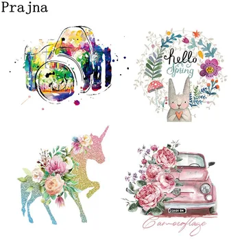 

Prajna Unicorn Heart Camera Iron-On Heat Transfers Cartoon Ironing Stickers Stripe On Clothes Iron On Patches For T-shirt