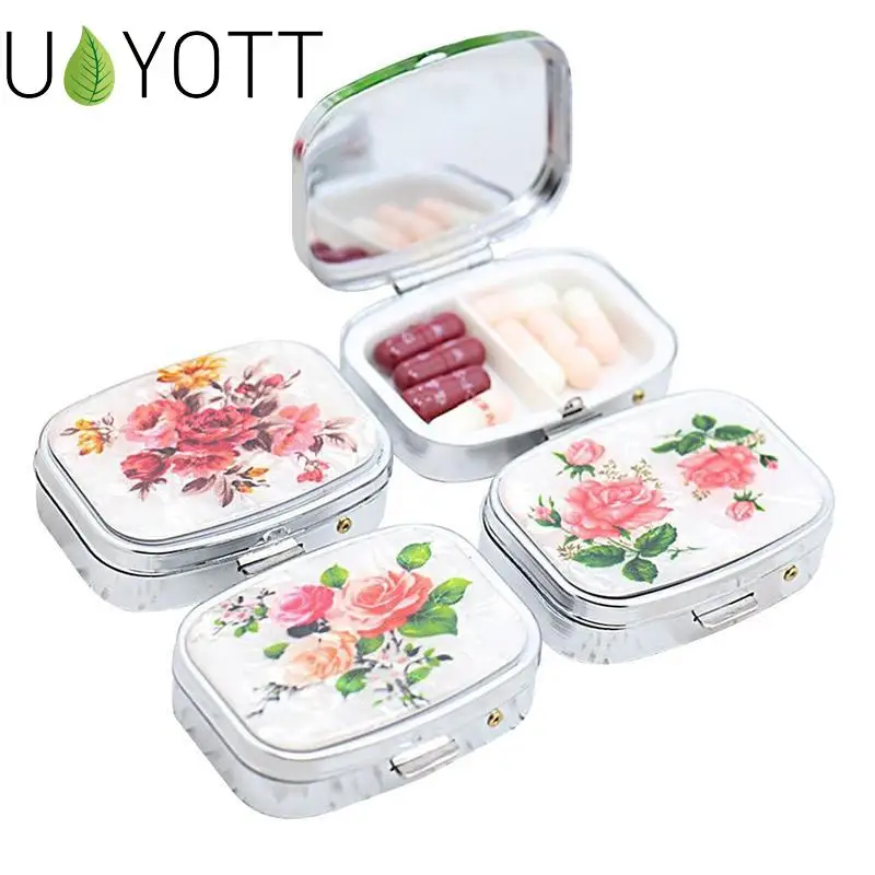 

55*55mm Metal Rectangle Silver Flower Print Tablet Pill Boxes Holder 2 Cell Medicine Case Silver Tablet Pill Boxes Container NEW