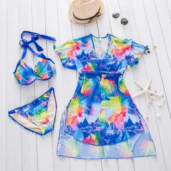 

XARKE 3 Pieces Swimsuit Women Bikini Push Up Beach Dress Tunic Cover Ups Female Swimwear Saro Girls Bather Halter Bathing Suit