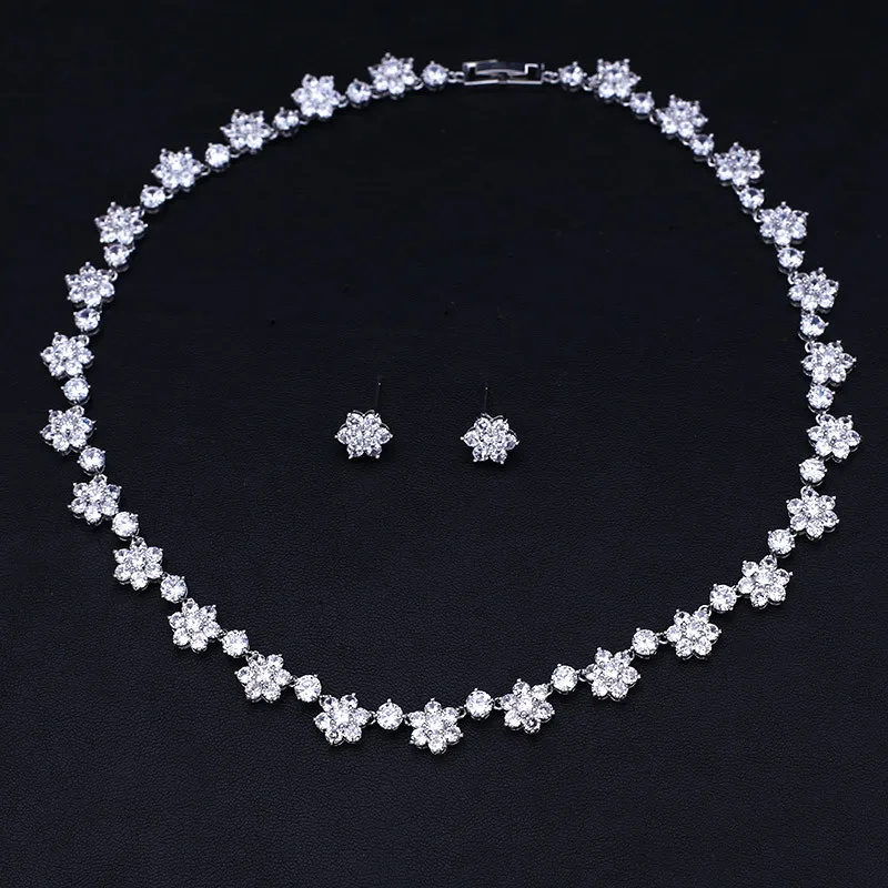 Прозрачный циркониевый маленький цветок 18KWG AAA кубическое циркониевое свадебное Ювелирное Украшение набор, серьги ожерелье, продвижение, без никеля, заводская цена