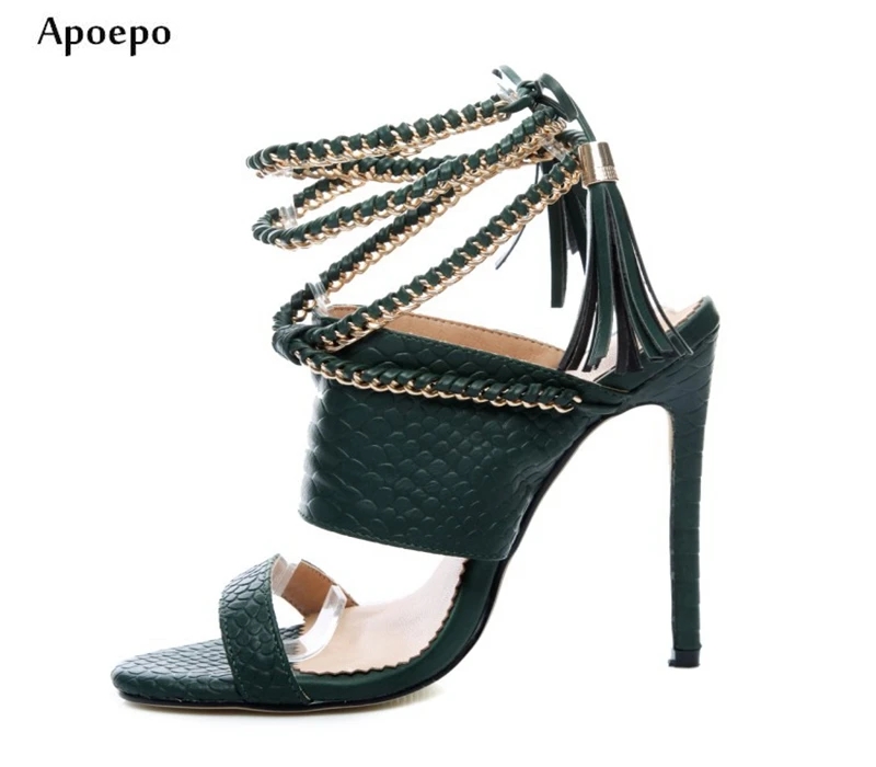 

New 2018 Summer Rome Style High Heel Sandal Fashion Chains Decorations Lace-up Gladiator Sandal Woman Sexy Thin Heels Shoe