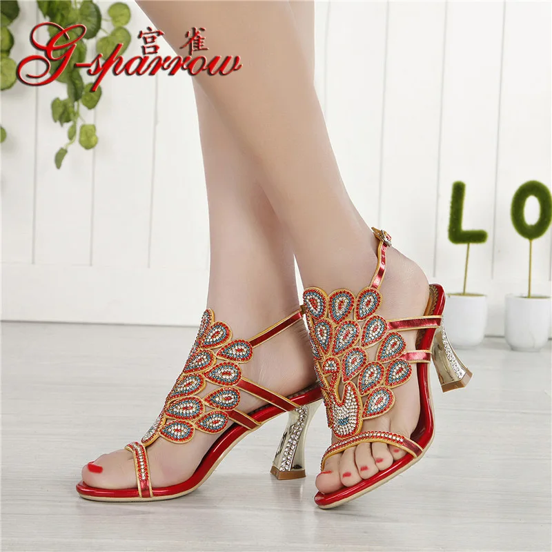 

G-sparrow 2018 New Sexy Red Diamond Peep Toe High Heeled Wedding Sandals Women Fashion Shoes