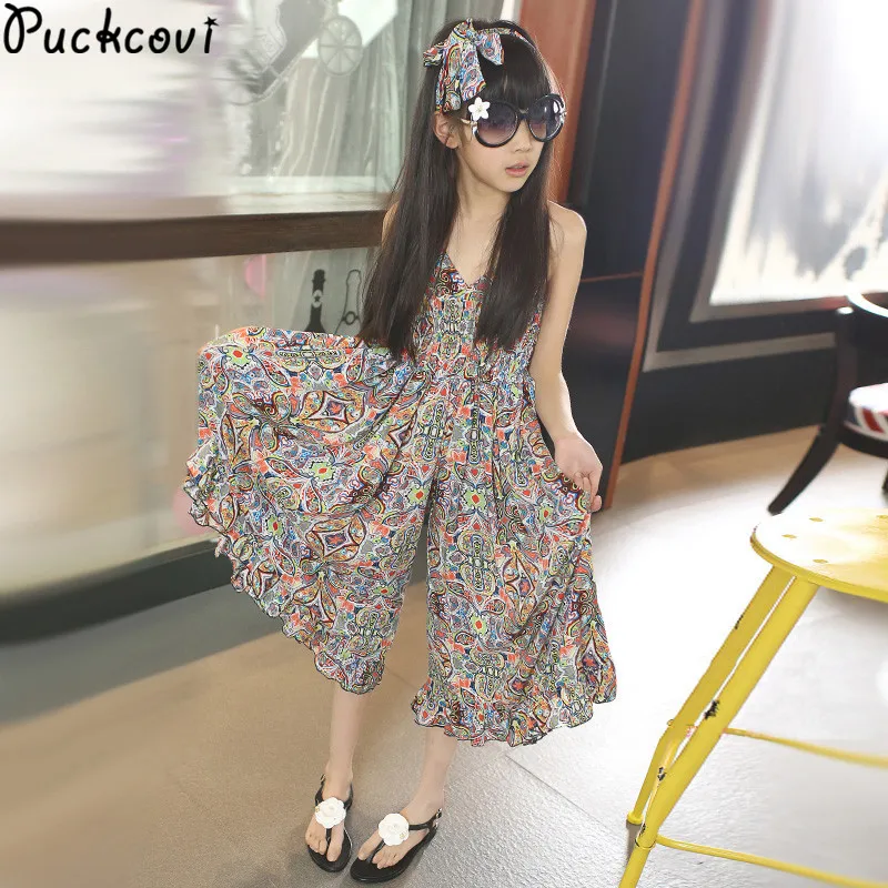 

Girls clothing sets Kids clothes Summer 2016 Girls Adjustable jumpsuits Viscose Ropa mujer Holiday printed wide-legged jumpsuit