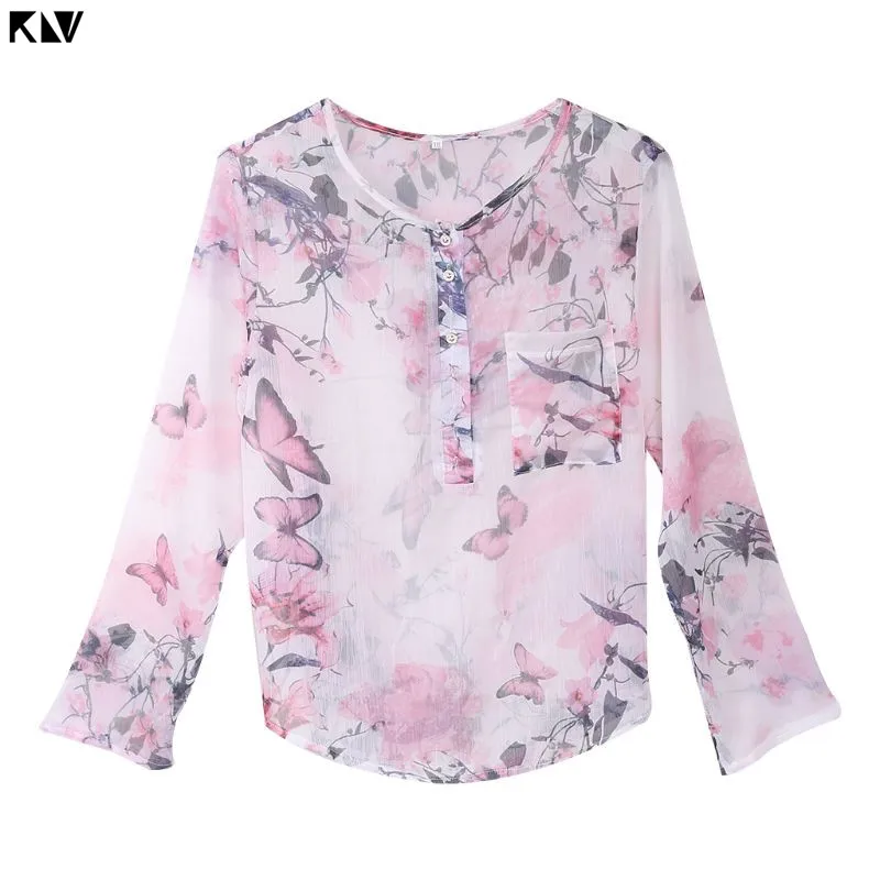

KLV Women Long Sleeve Chiffon Shirt Vintage Floral Printed Loose Pullover Tops Button Front Irregular Hem Tunic Blouse