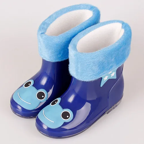 Детские резиновые сапоги с рисунком кота и лягушки, водонепроницаемые теплые ботинки для девушек, детские зимние сапоги, детская обувь - Цвет: blue