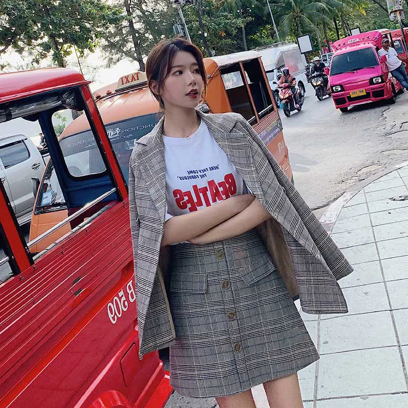 Sets female 2019 summer new women's Korean version of the loose plaid lapel small suit jacket casual pants two-piece