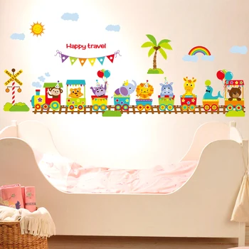 

Cartoon animals train wall stickers cute children's room wall decals adhesive baby bedroom zoo wall pictures