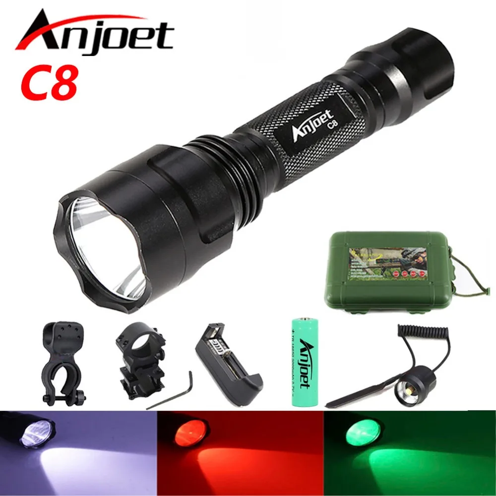 Anjoet C8 كري XM-L T6 أبيض/أخضر/أحمر led التكتيكية مصباح يدوي 18650 بطارية مصباح من الألومنيوم مصباح جودة عالية الصيد Anjoet C8 كري XM-L T6 أبيض/أخضر/أحمر led التكتيكية مصباح يدوي 18650 بطارية مصباح من الألومنيوم مصباح جودة عالية الصيد