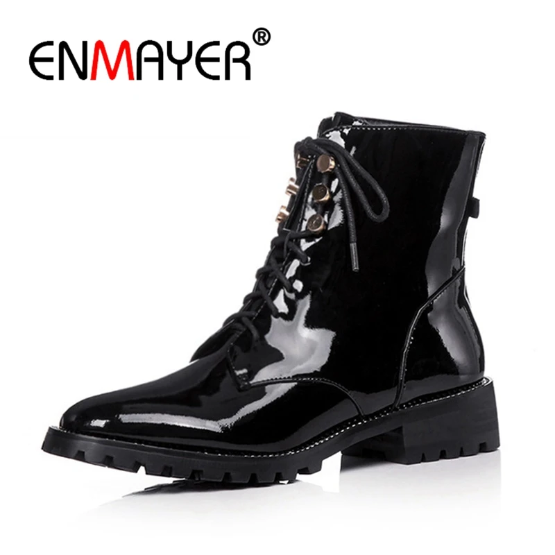 Женские ботинки из лакированной кожи ENMAYER Осенние мотоциклетные на толстом
