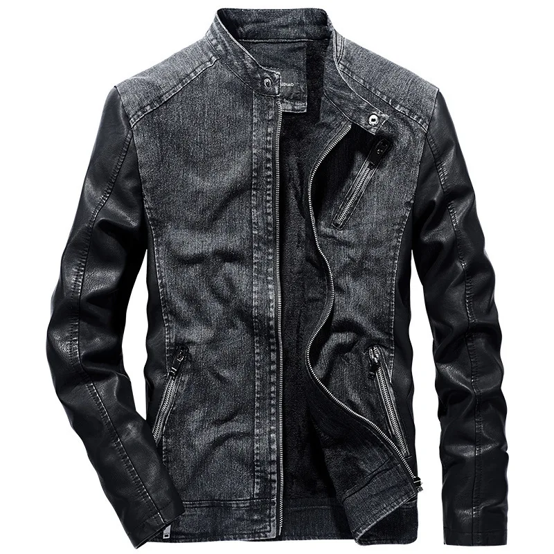 

b Men Patchwork Denim Jacket With Leather Sleeve Coat Warm Windproof Vintage High Quality Men's Jean Jacket
