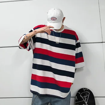 

2019 Summer Men's Cotton Clothing Tide T Shirt Stripe Printing Short Sleeve Loose 3 Color Round Collar T-shirts Big Size M-5XL