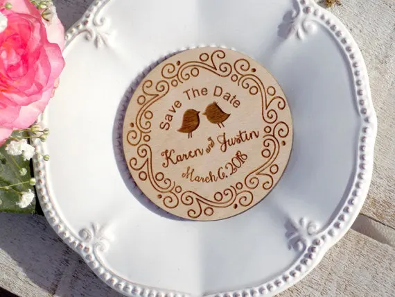 

Love Birds Save The Date Magnet, Rustic Wooden Save The Date Magnet