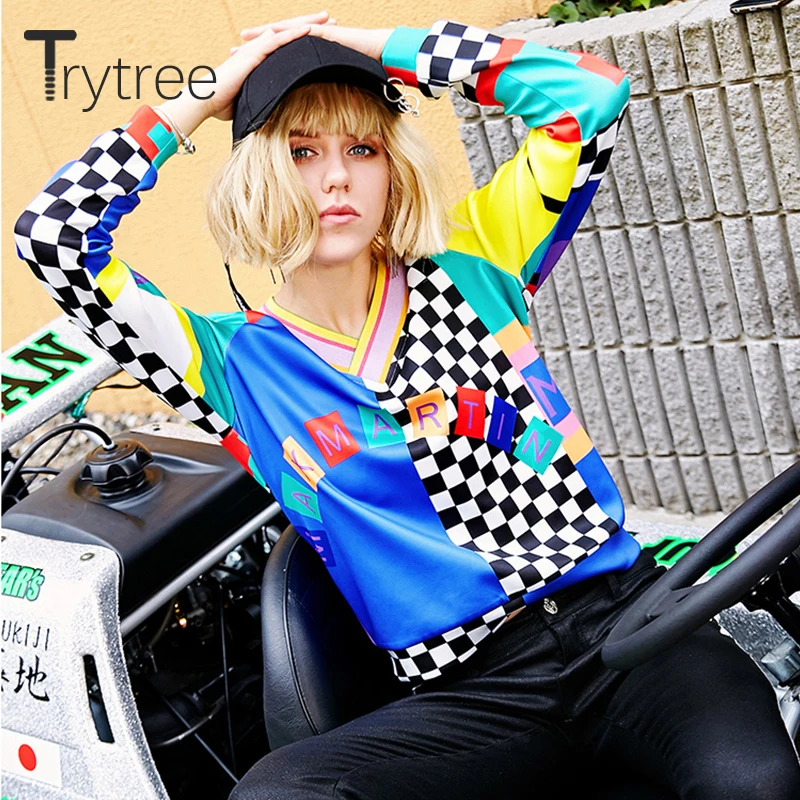  Trytree Spring Summer Women Sweatshirts Streetwear Print Polyester V-neck Pullovers Full Sleeve Cas