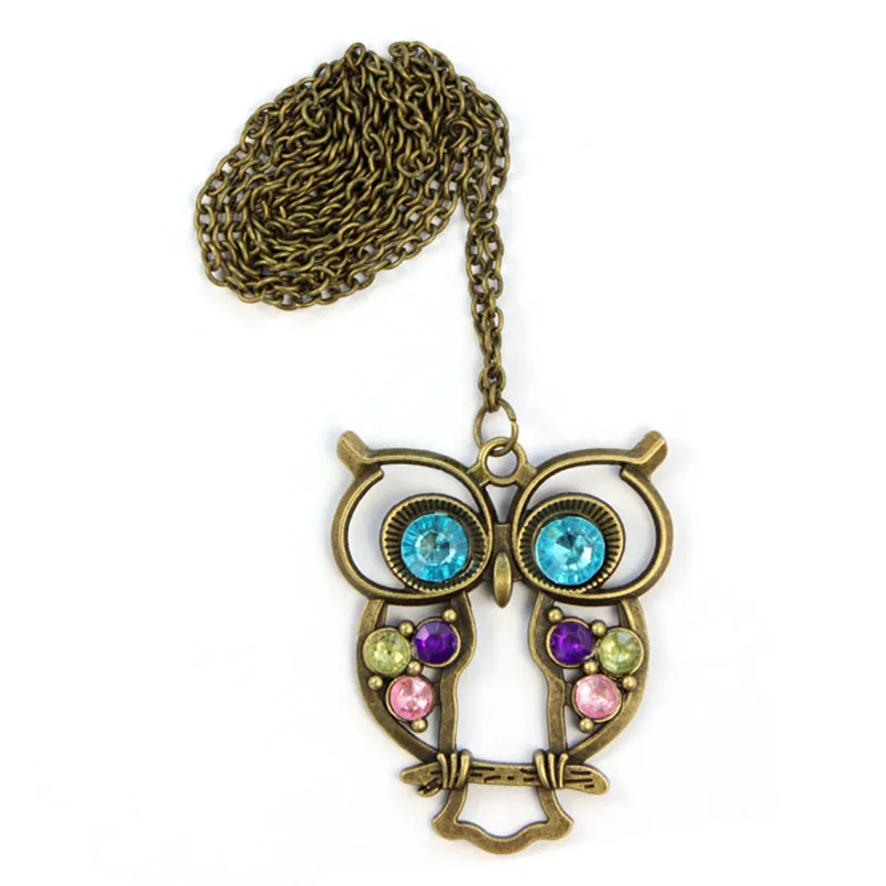

Fashion Sweater Coat Necklace Lady Crystal Big Blue Eyed Owl Long Chain Pendant Necklace#0822