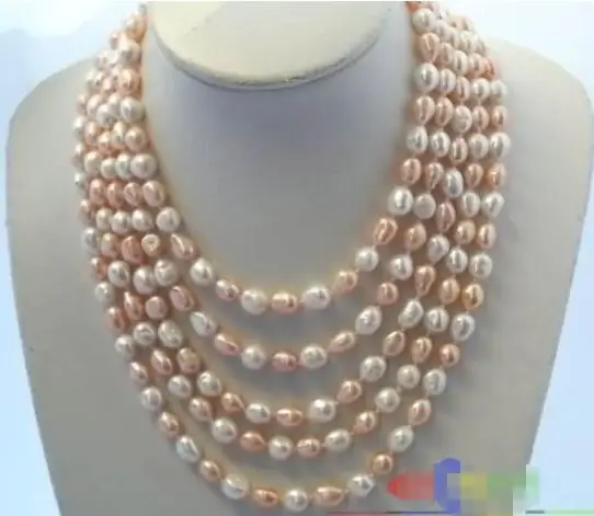 

Hot sale new Style >>>>>p816 LONG 100" 10MM WHITE PINK BAROQUE FRESHWATER CULTURED PEARL NECKLACE