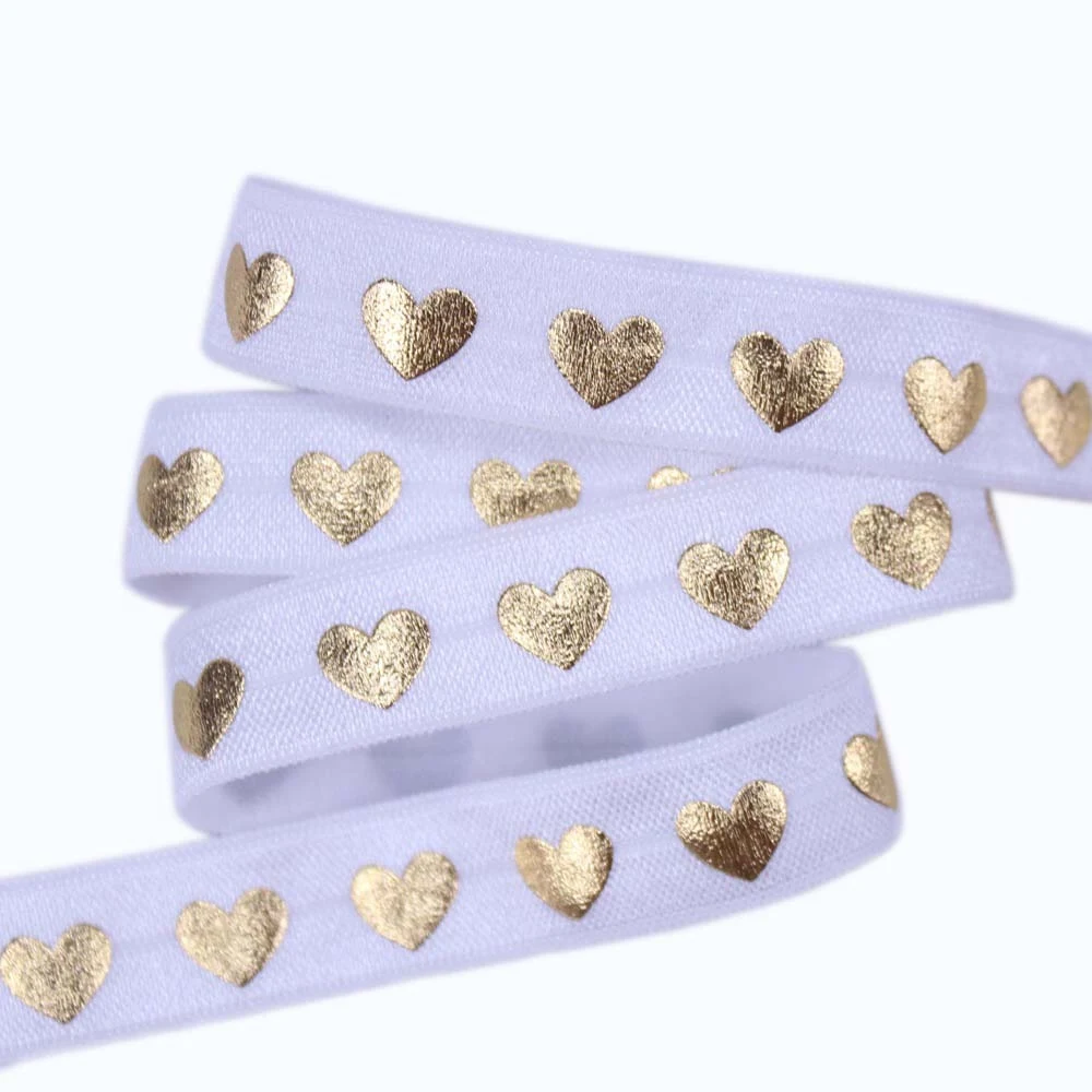

5 colors 5/8" Gold Foil heart printed Fold Over Elastic welcome custom design