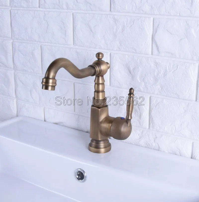 

Deck Mounted Antique Brass Bathroom Faucet Single Handle Hole Vessel Sink Mixer Tap lsf116
