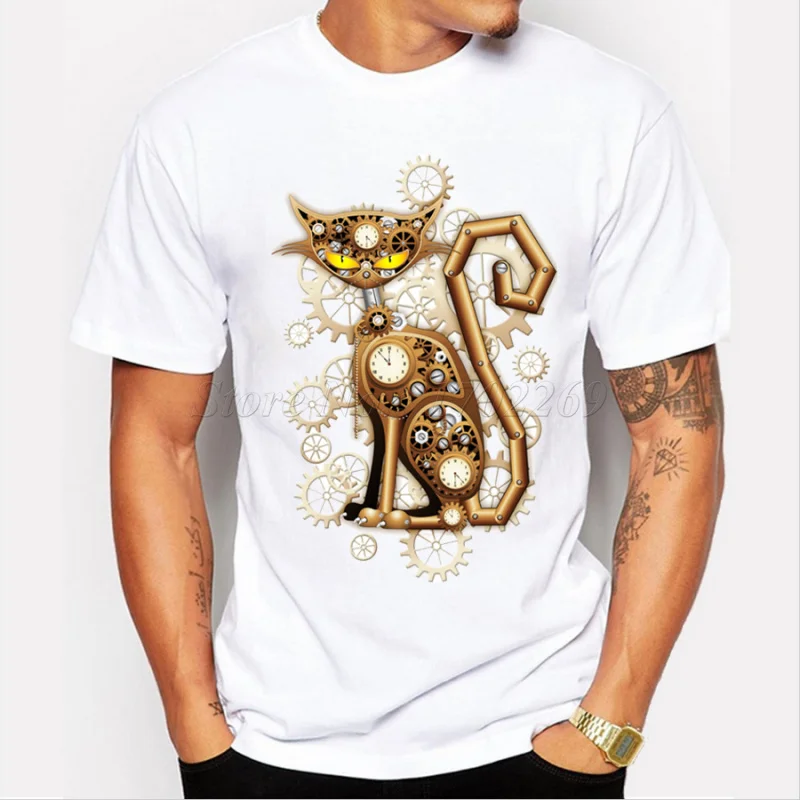 New arrival steam punk style cat/owl/Chameleon vintage printed men's casual t-shirt male retro design funny tops/tee_voghion.com