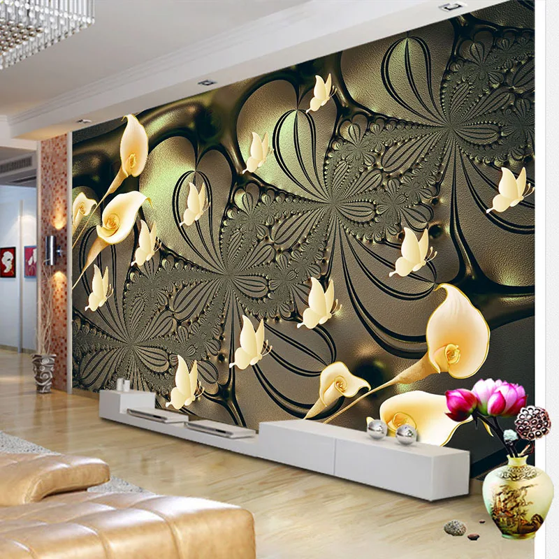 

Custom Mural Wallpaper For Bedroom Walls 3D Embossed Lily Flower Butterfly Background Wall Papers Home Decor Living Room Modern