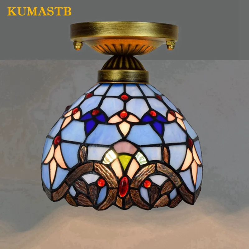 

8 Inch Tiffany Stained Glass Baroque Ceiling Lamp Aisle Corridor Porch Balcony LED Ceiling Light Blue Glass Baroque Light