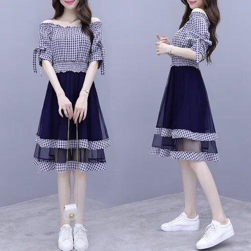 

Slash Neck Woman Dress 2019 Summer Preppy Style Korean Dress Sunflower Patchwork Women's Summer Sundress Plaid Vestidos
