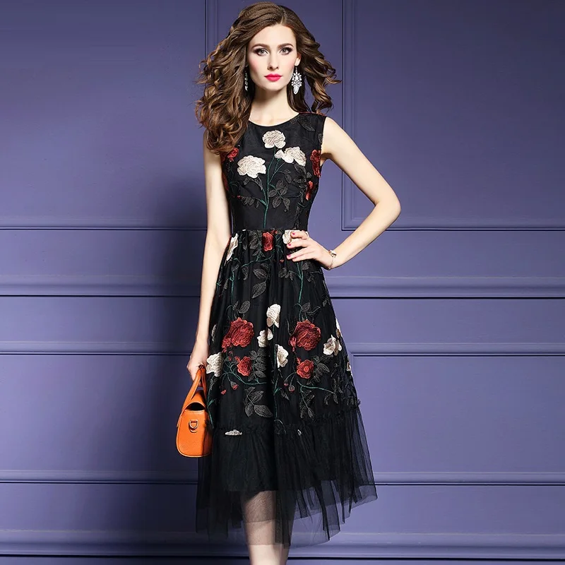 Embroidery dress hot sale 2019 new Spring summer Retro office lady Women Sleeveless floral Party Dress 3xl long Vintage dresses | Женская