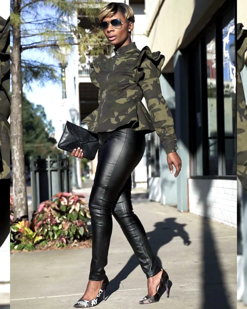 Winter Women New Ruffles Shoulder Long Sleeve Camouflage Zip Open Stand