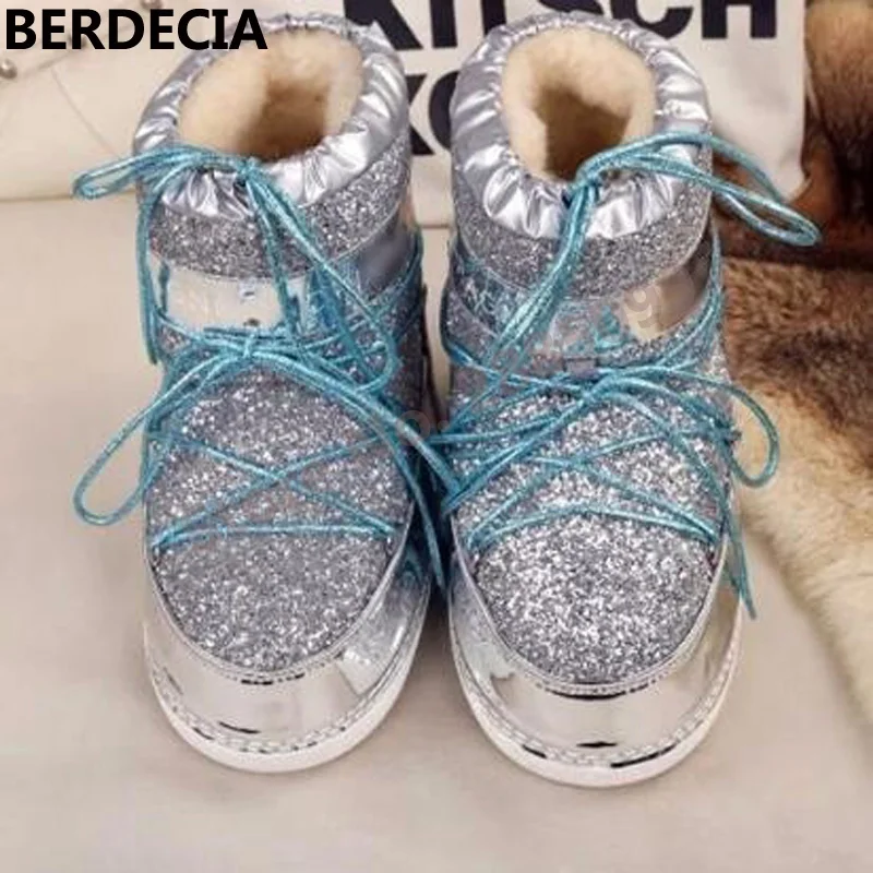 Winter Warm Snow Boots Sparkling Glitter Bling Slip-on Boots Ankle Lace-Up Winter Shoes Fashion Women Winter Short Boots