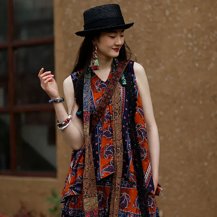 Jiqiuguer платье в этническом стиле экзотическая футболка без рукавов с принтом v-образным вырезом пуловер с принтом ретро короткий топ на бретелях для женщин G191Y006 - Цвет: Print