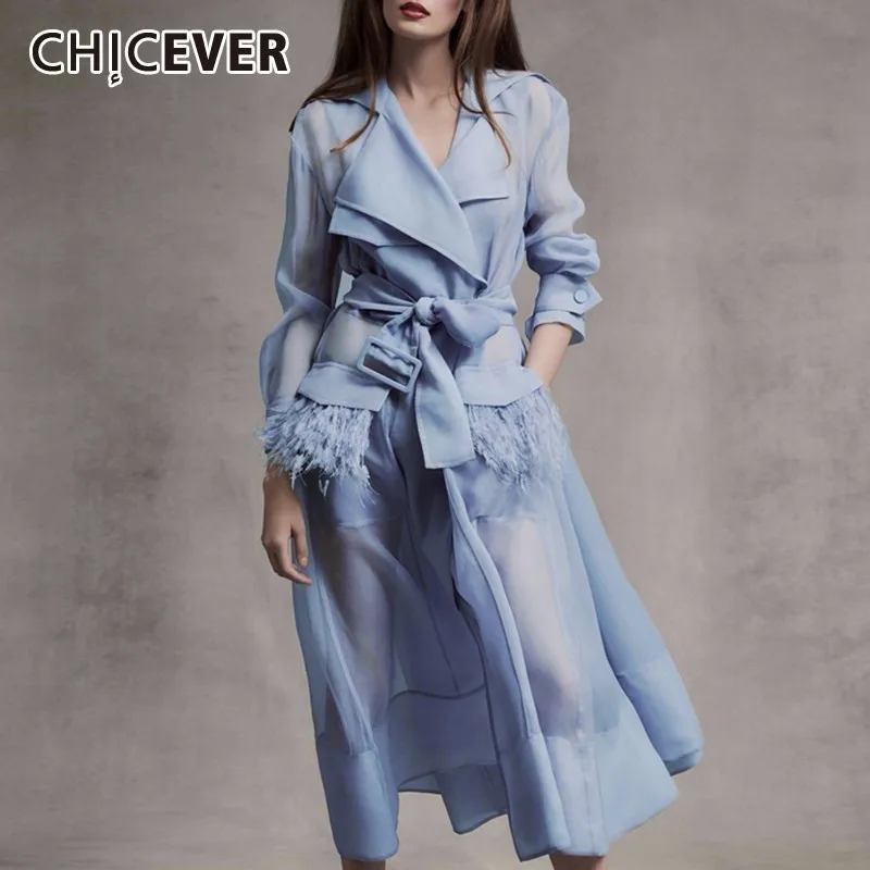 

CHICEVER Summer Elegant Voile Perspective Dress For Women Notched Long Sleeve High Waist Patchwork Feather Mid Calf Dresses 2019