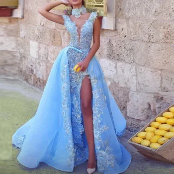 

Lebanon Evening Dress Blue Long abiye Gorgeous Evening Gowns robe soiree vestidos largos A Line Formal Dresses Choker Appliques