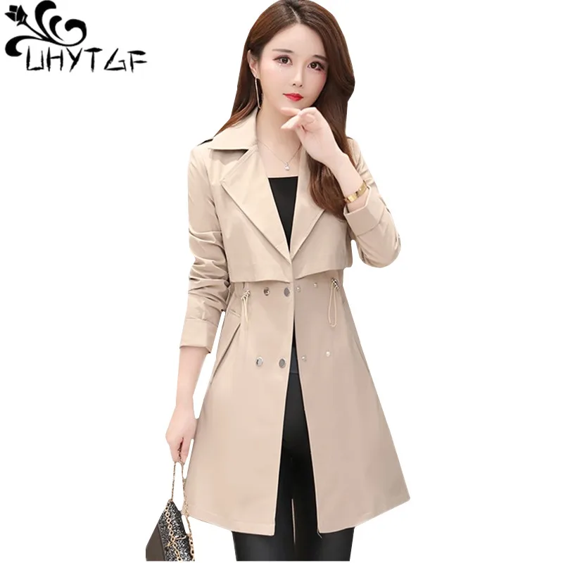 

UHYTGF Women trench coats 2019 Fashion quality long coat women Double-breasted slim spring autumn Windbreaker 5XL Plus size 712