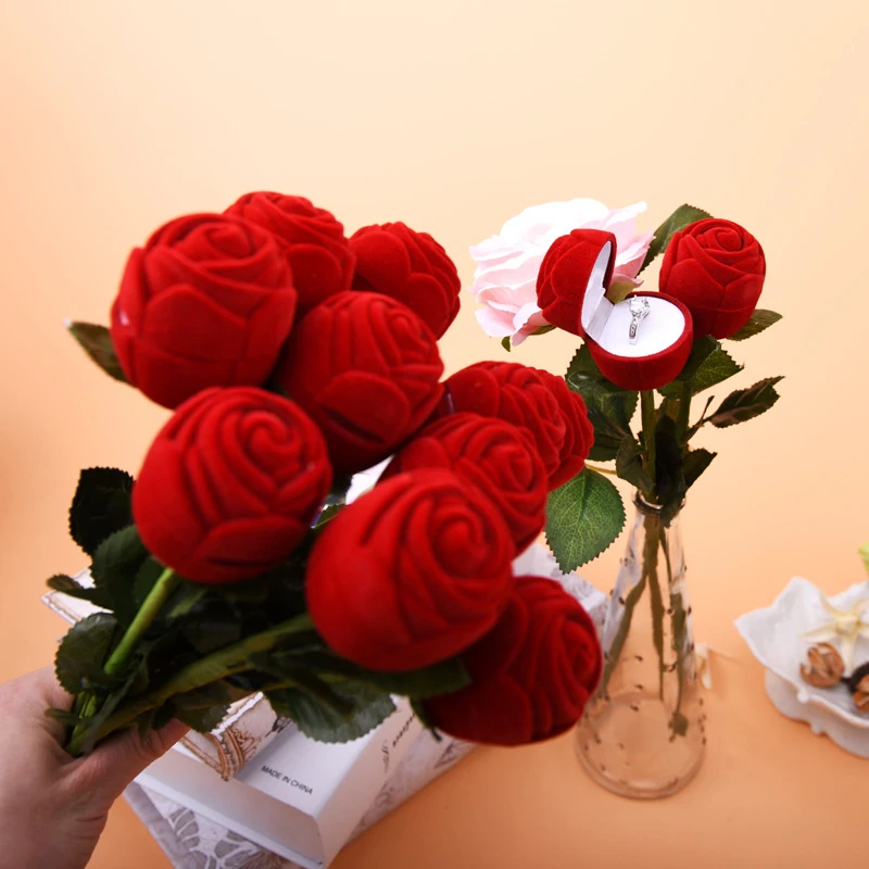 

1PCS Artificial Flower Rose shaped Makeup Organizer Plastic Flocking Earring Box Valentine's Day Weeding Ring Cosmetic Organizer