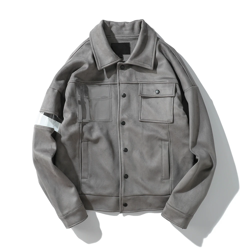 

Harajuku Loose Fit Plastic Pocket and Sleeve Raglan Jacket Hiphop Short Length Suedette Coat Streetwear