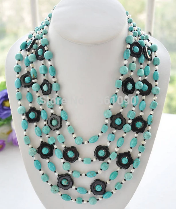 

00274 5row 23" blue turquoise black agate flower white pearl necklace
