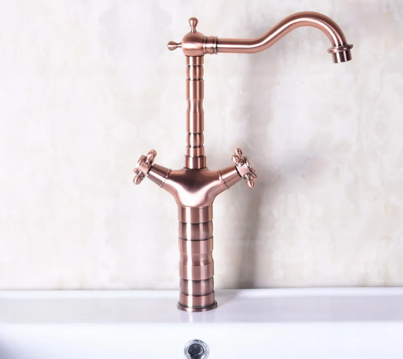 Vintage Red Copper Antique Brass Dual Cross Handles Swivel Spout Kitchen Sink Faucet Cold & Hot Mixer Tap anf127