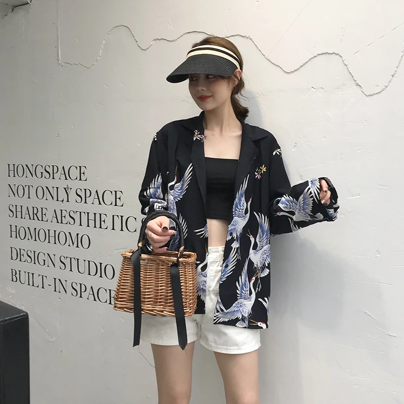 

blusas mujer de moda 2019 Restoring ancient ways temperament The crane printing loose Show thin Long sleeve Shirt female