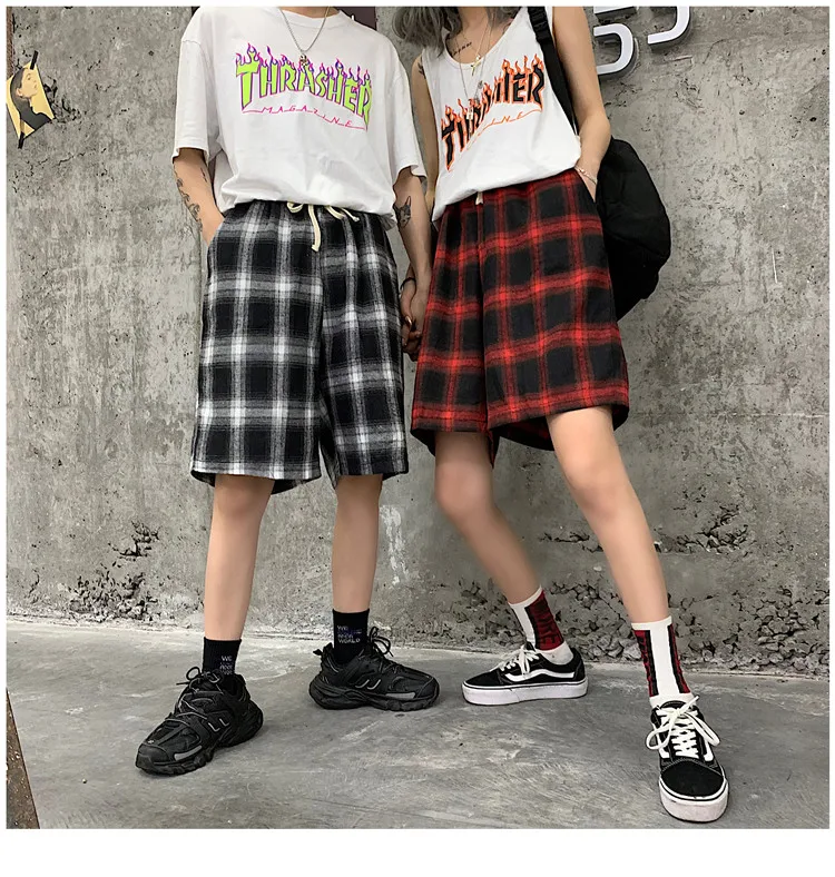Брюки Для женщин Лето Harajuku BF Ретро свободные прямые брюки Chic Для женщин с шнурок пара Ulzzang карманы плед Повседневное спортивные Капри