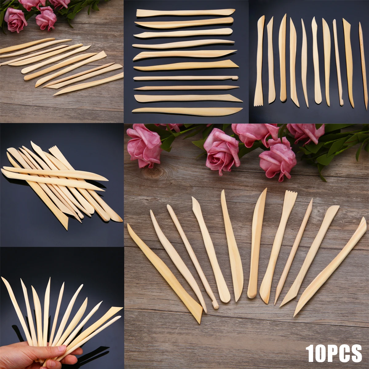 New 10pcs Wood Wooden Clay Modeling Tools Set Polymer Clay Tools Sculpting DIY Engrave Craft Play dough Handicraft Smooth Tools