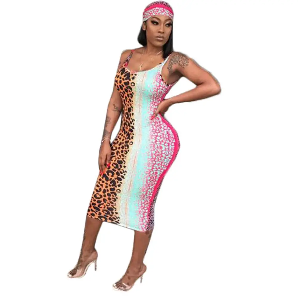 

2019 New Sexy Leopard Printed Bodycon Women Dresses Spaghetti Strap Long Design Sleeveless Ladies Dress Including Headscarf