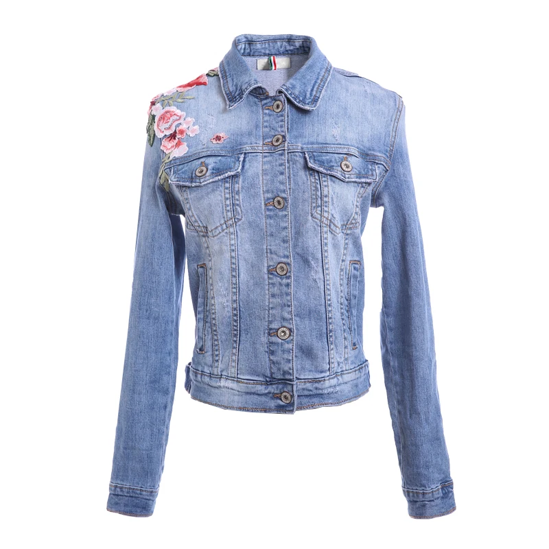 

PERHAPS U Women Short Cropped Denim Blue Jacket Button Long Sleeves Jean Jackets Turn Down Collar Flower Shoulder Floral C0010