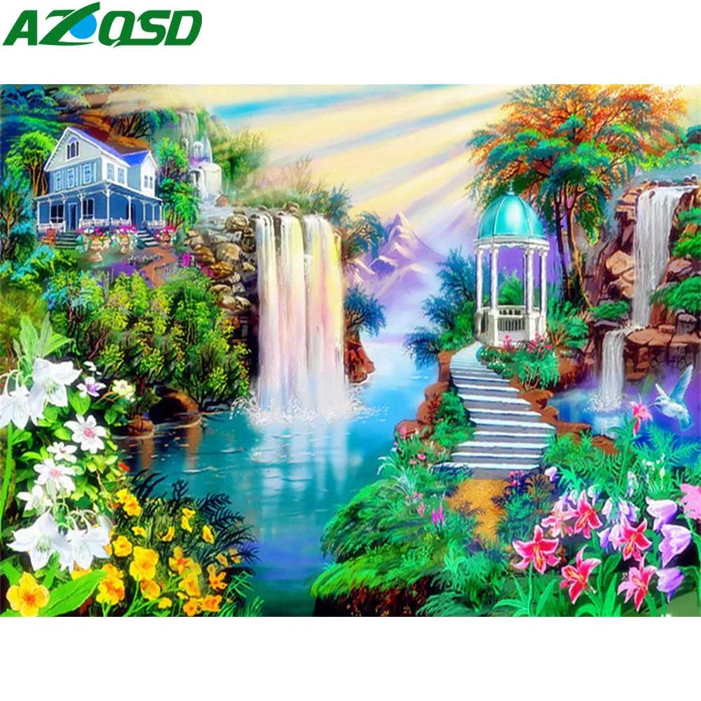 

AZQSD Diamond Embroidery Waterfall Scenery Diamond Painting Full Round Drill Sale Flower Landscape Picture Rhinestone Home Decor