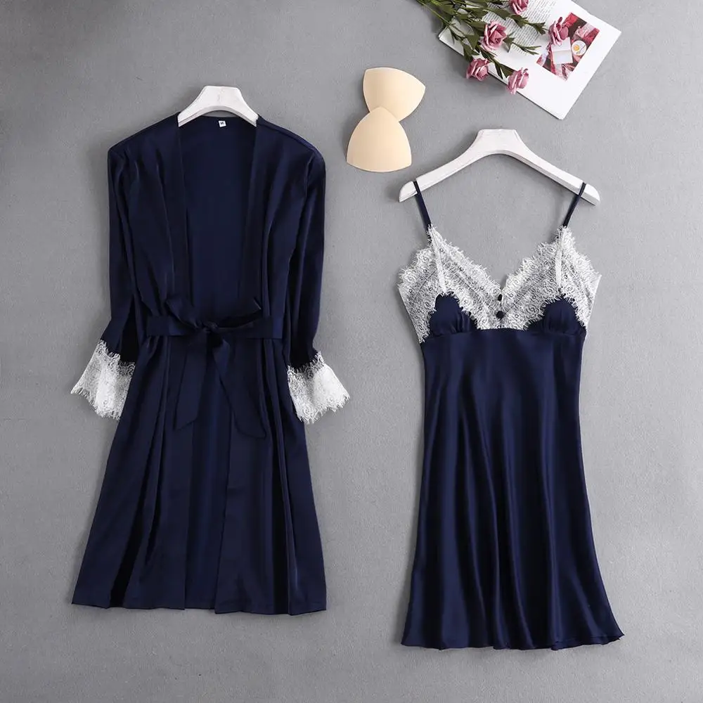 

FZSLCYIYI Women Nightgown Sets 2 Pieces Nightdress Bathrobe With Chest Pad Female Satin Kimono Bath Gown Sleepwear Robes Suit