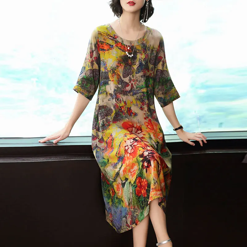 

Rove Lady Style Floral Dress Elegant Mid Calf Casual Plus Size Vestidos Feminino New Women Casual Faux Silk Dresses High Quality