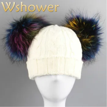 

Which in shower Family Two Real Dyeing Raccoon Fur Pompom Ball Winter Hat Double Fur Pom Pom Cable Knit Beanie Cap Girl Women