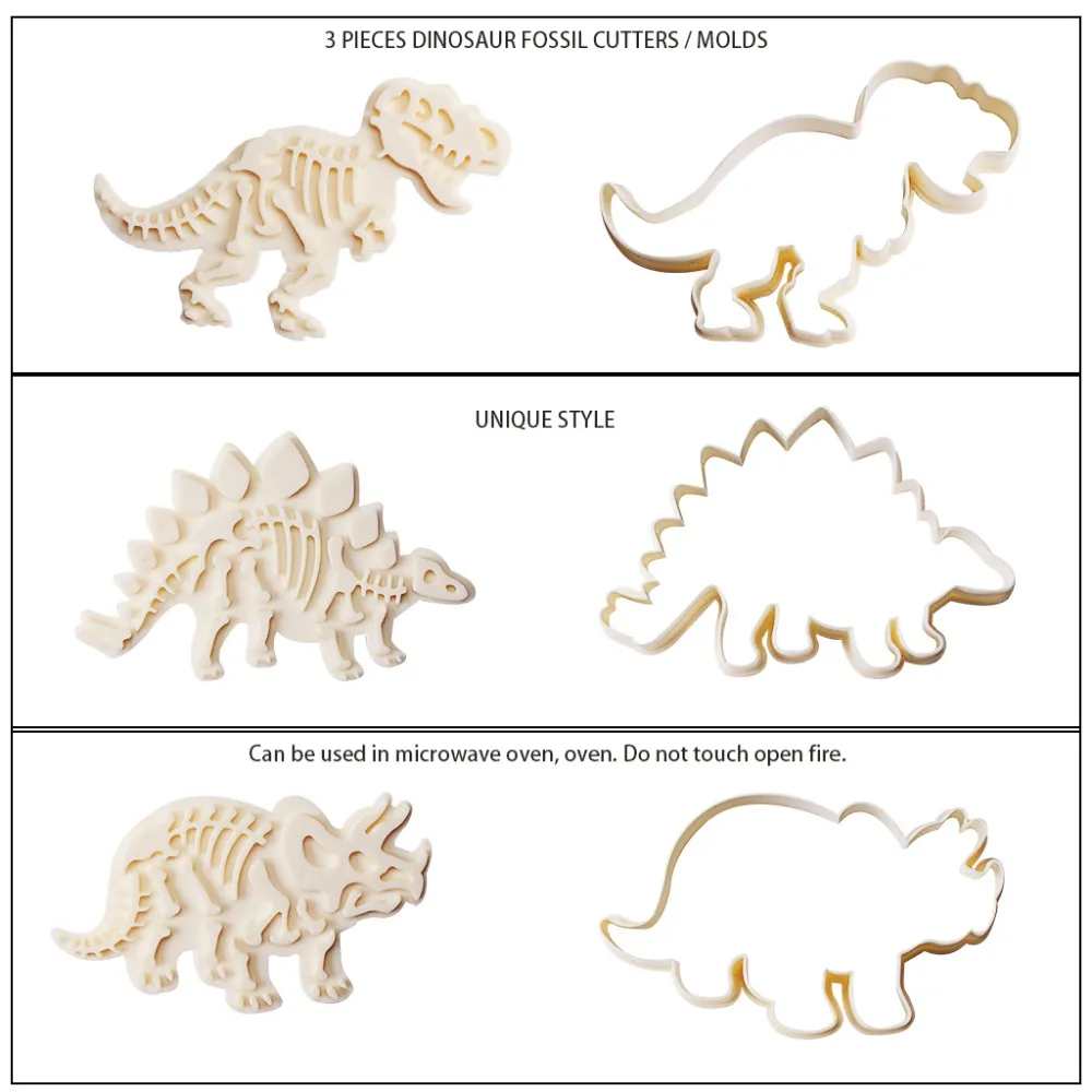 Jurassic Dinosaur Cookie Molds 3 Dinosaur Fossil Cookie Cutters Set Of 6Pcs PVC Stegosaurus Tyrannosaurus Rex Triceratops Molds (4)