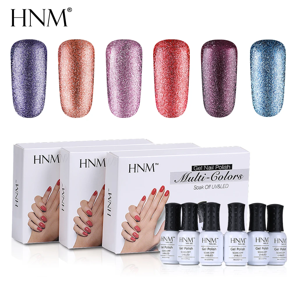 HNM 6 шт/партия 8 мл гель для ногтей с блестками лак замочить УФ-гель для ногтей набор краски геллак счастливый полуперманентный лак набор гелей для ногтей