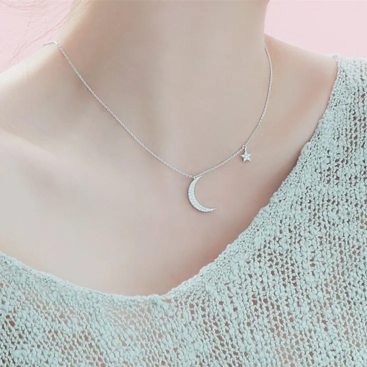

Korean Trendy 925 Sterling Silver Crystal Moon Star Necklaces for Women Wedding Jewelry Collar Bijoux Fashion Jewelry Wholesale