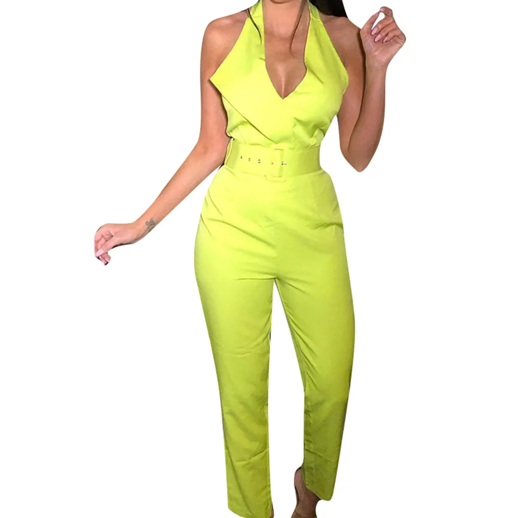 

Feitong Office Sexy Womens Jumpsuits Fluorescent Color Lapel Sleeveless Rompers High Waist Leaky Back Piece Long Playsuits